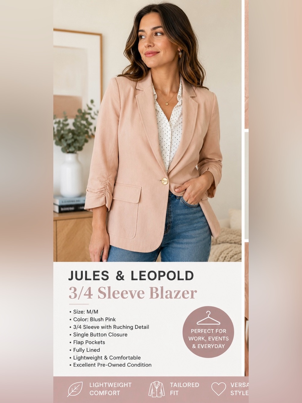 Jules & Leopold Blush Pink 3/4 Sleeve Tailored Blazer